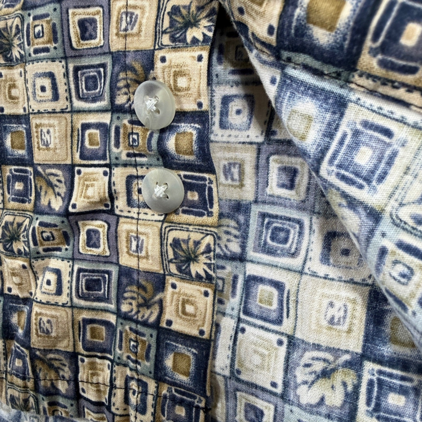 Hollis River Button Down Shirt Mens L Blue Tan Geometric Cotton Short Sleeve