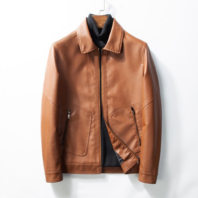 Mens PU Leather Biker Jacket Windproof Waterproof Zip Pockets