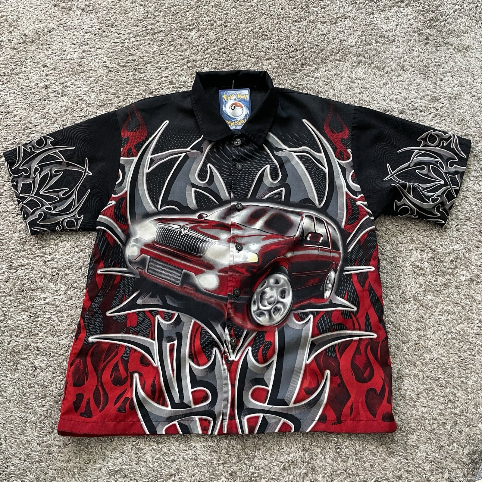 Vtg Tribal Flames Shirt Mens Small Black Red Flame AOP Button Up EUC Y2K 1522
