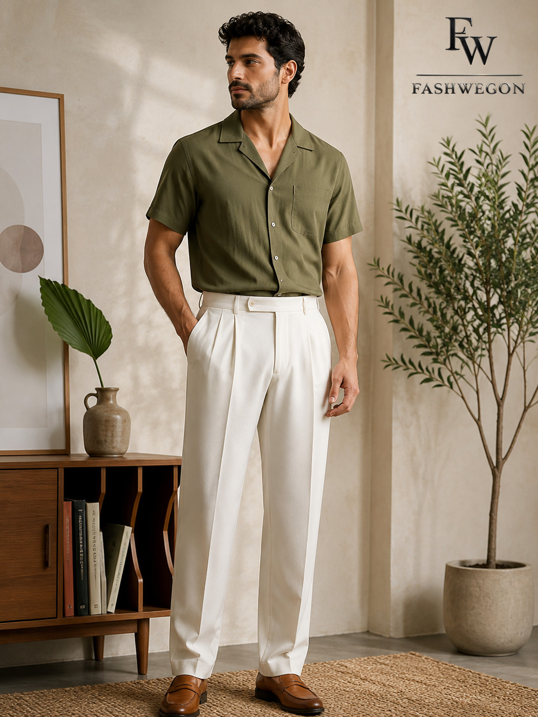 FASHWEGON Men’s White Linen Blend Pleated Cord Pants Relaxed Fit Summer Trousers