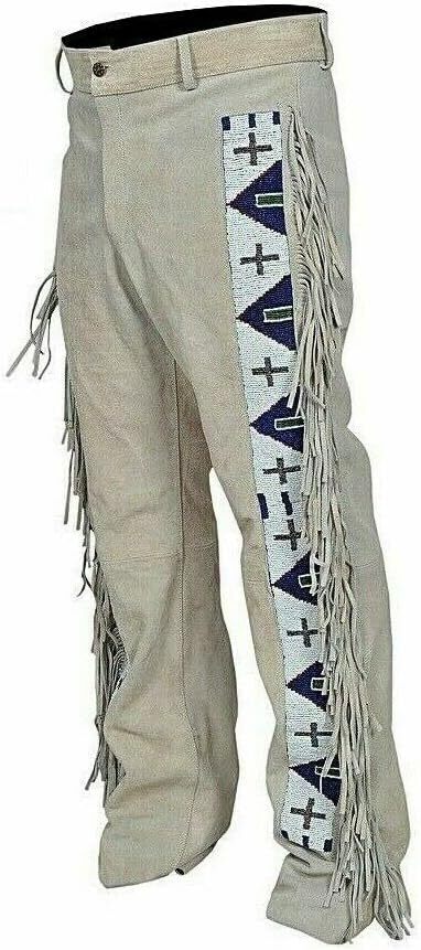 Men’s Native American Buckskin/Deerskin Suede Leather Pant Fringes Red Indian