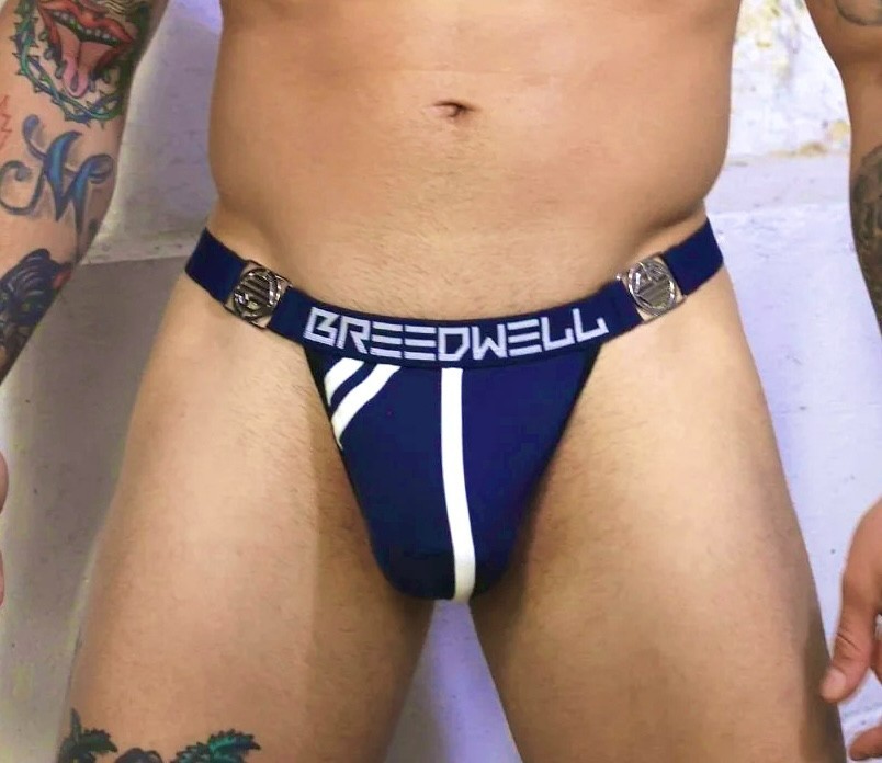 BREEDWELL Size L Locker Room T-Back Thong – Navy Blue/ Black/White/Silver