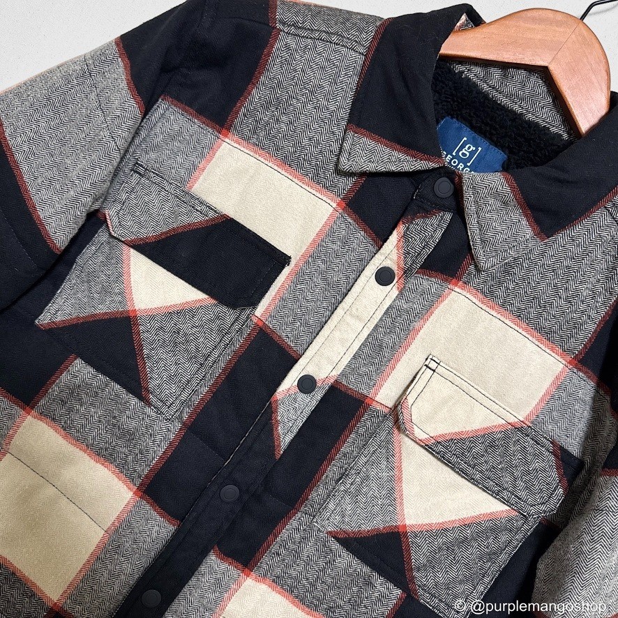 George Sherpa Lined Flannel Shacket Jacket | Black Grey Buffalo Plaid | MEDIUM