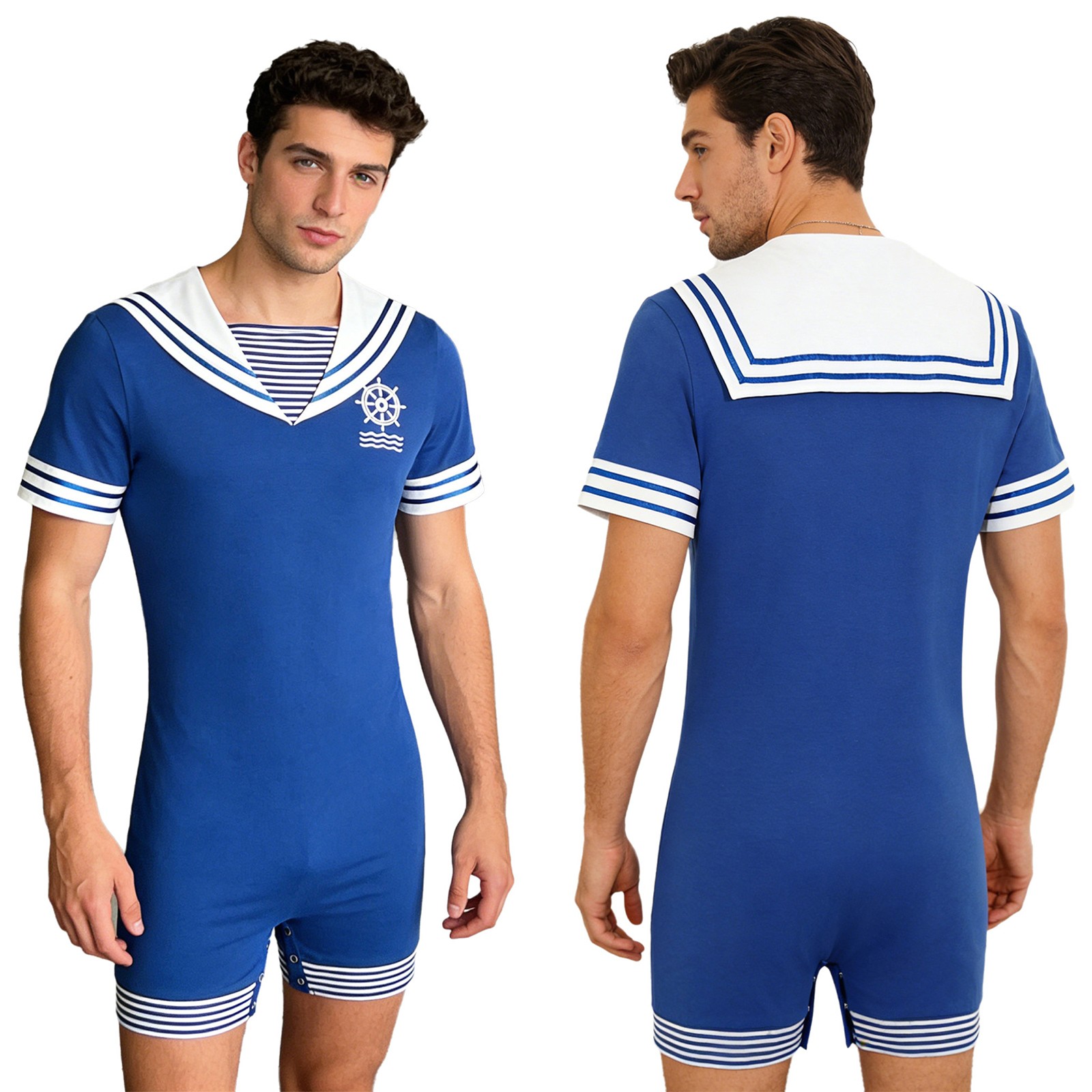 YiZYiF Men Cotton Sailor Collar Bodysuit Nightwear Short Sleeve One Piece Romper