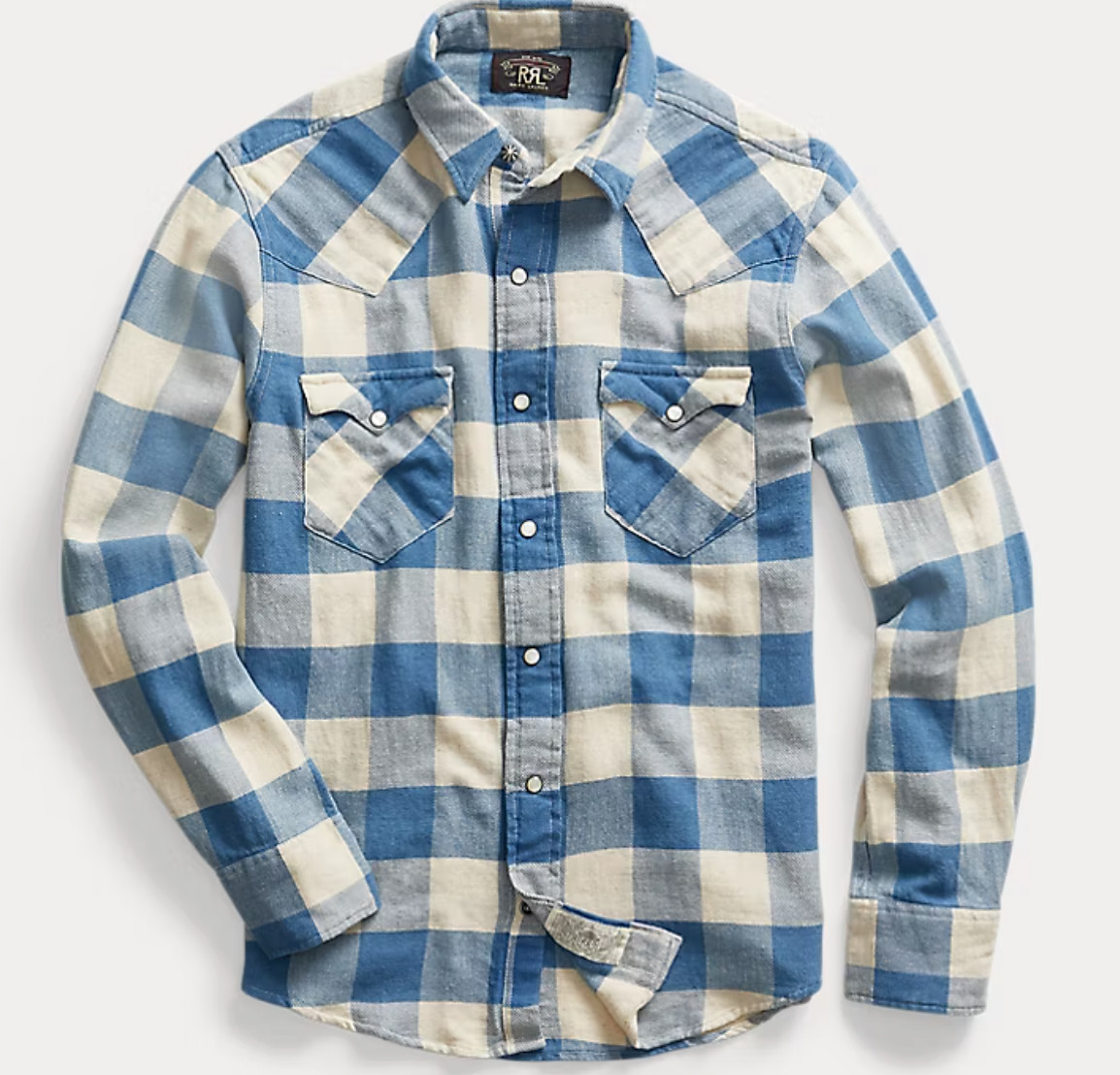 RRL Ralph Lauren Slim Fit Indigo Plaid Western Shirt Men’s Large Cotton Linen