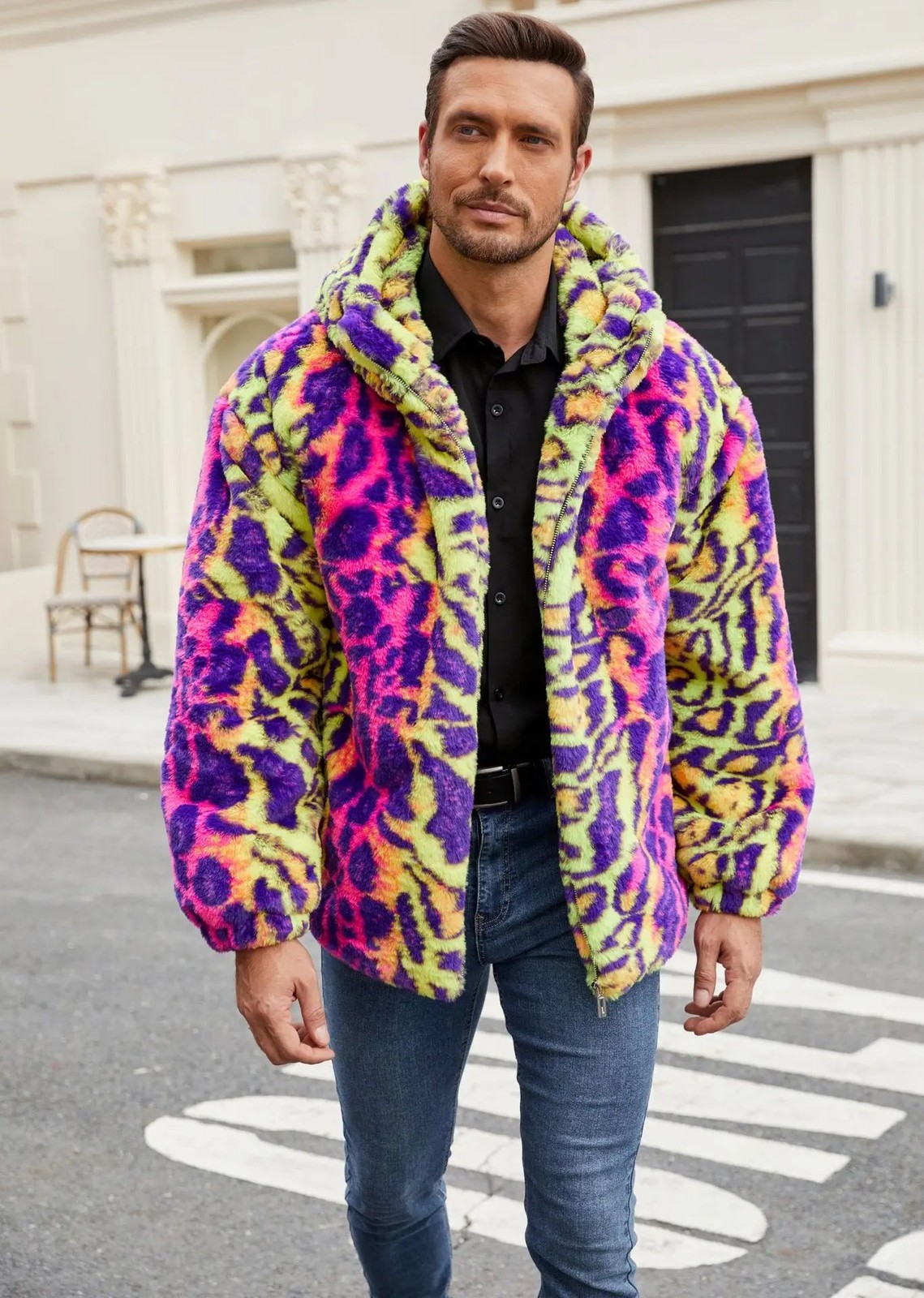 Men’s Leopard Casual Trendy Loose Long Sleeve Thicken Hooded Faux Fur Coats