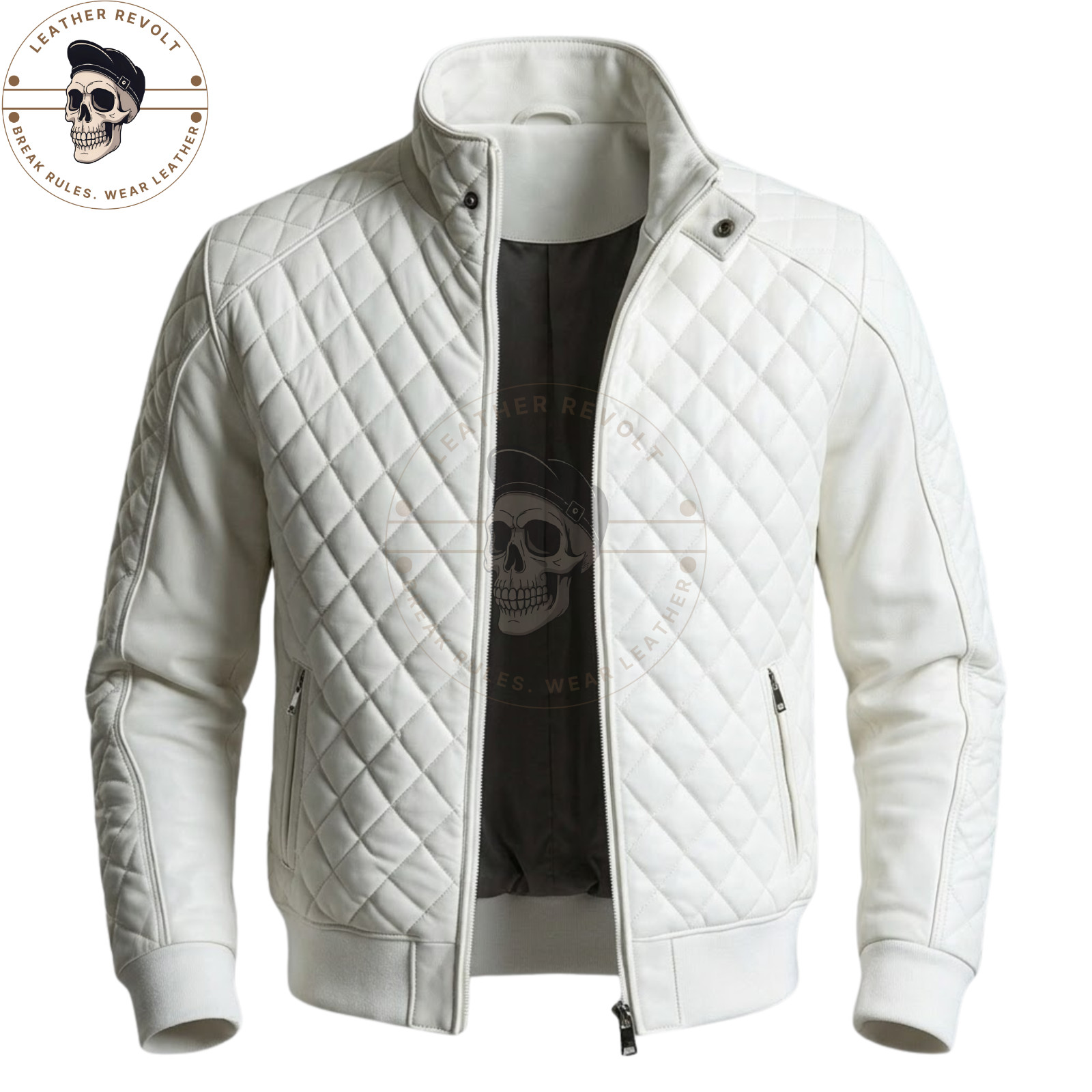 Men’s White Real Leather Lambskin Bomber Flight Quilted Motorcycle Puffer Jacket