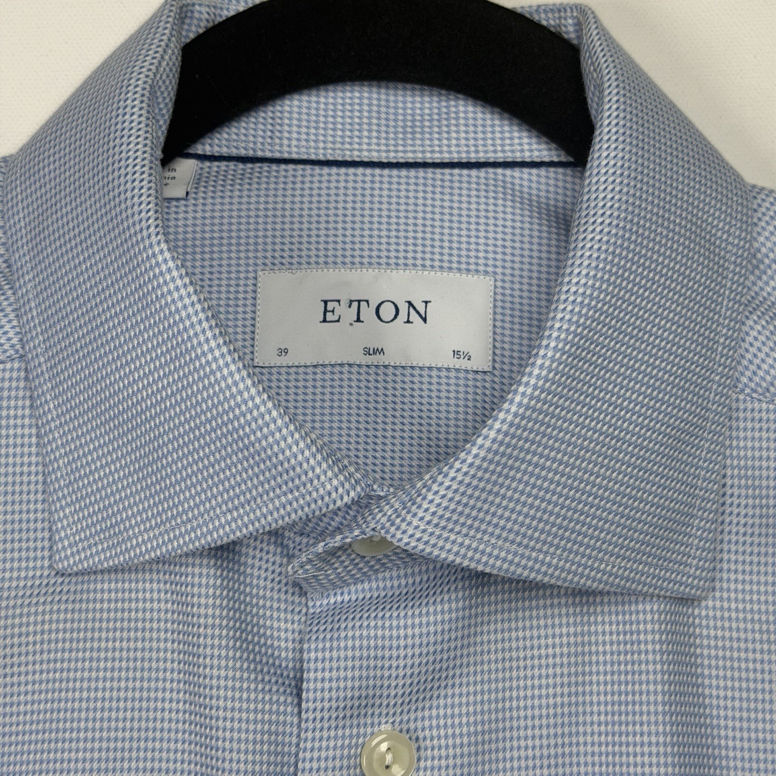 ETON Men Dress Shirt 15.5 Slim Fit Light Blue Micro Check Cotton Preppy Romania