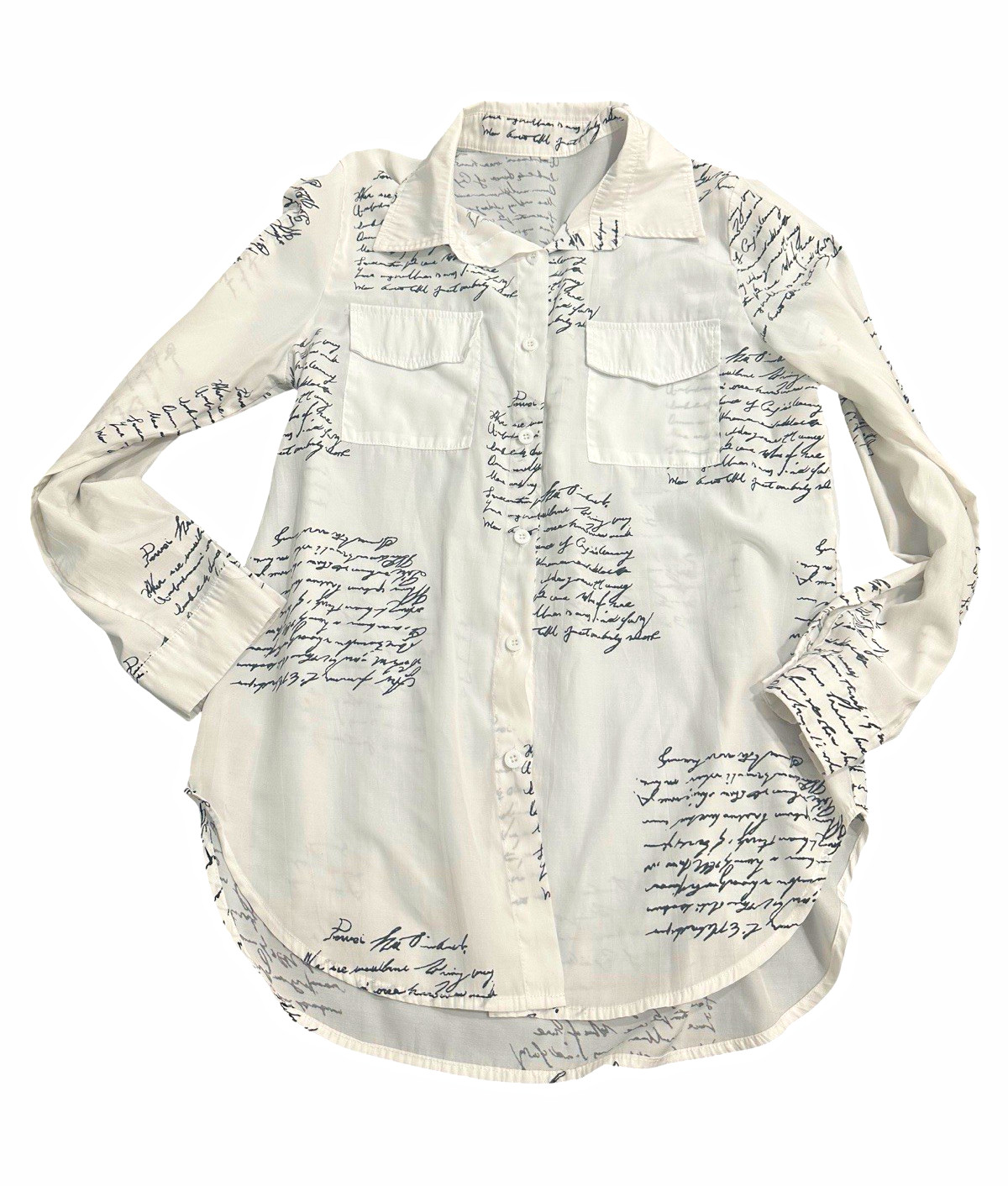 Women’s M Regular White Button-Up Shirt Black Script Pattern Point Collar