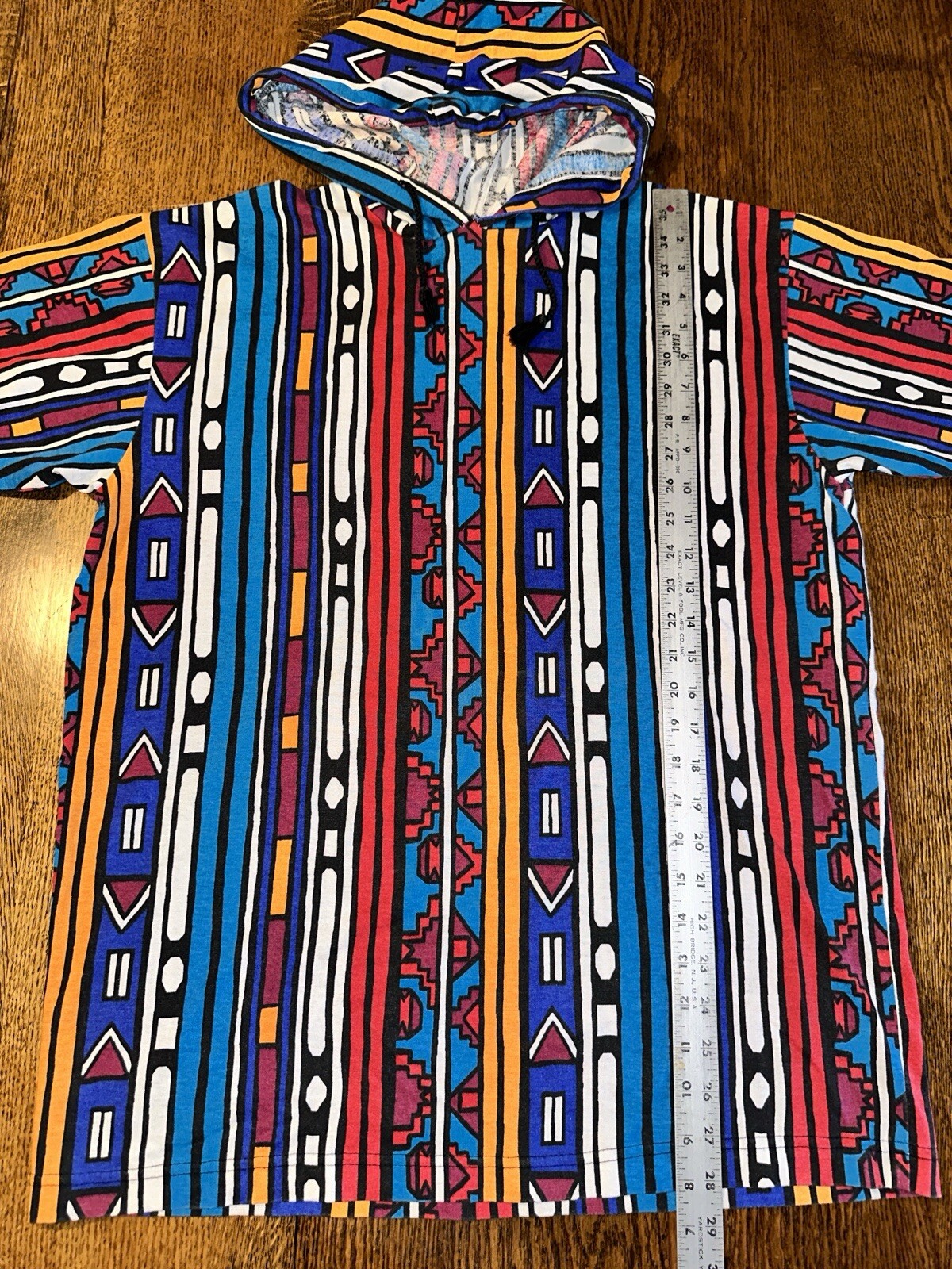 Vtg 80s 90s Tribal Hooded T Shirt Hip Hop Streetwear Oversized Medium Colorful