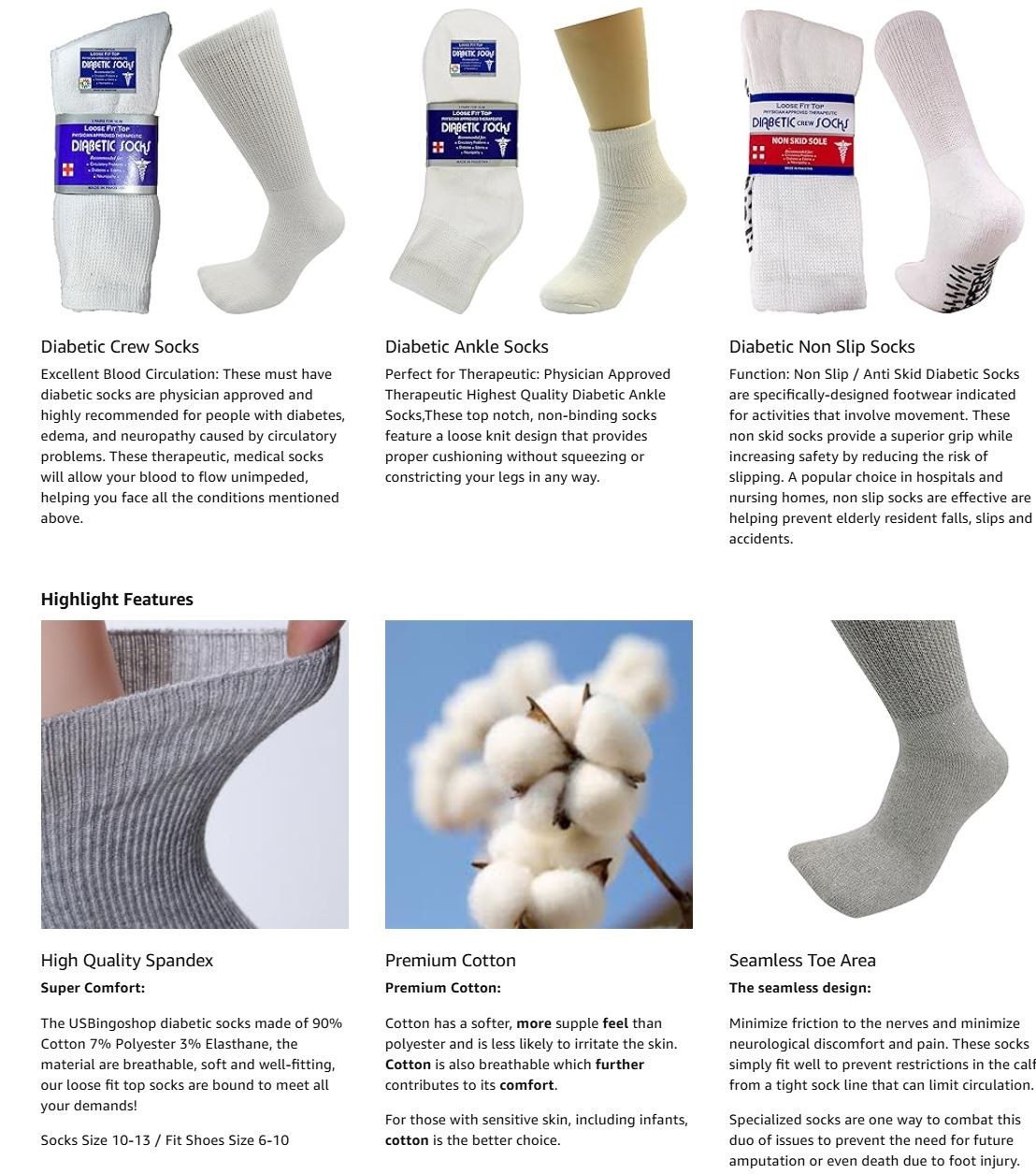 3-12 Pairs Health Circulatory Crew Cotton Diabetic Socks White 9-11 10-13 13-15