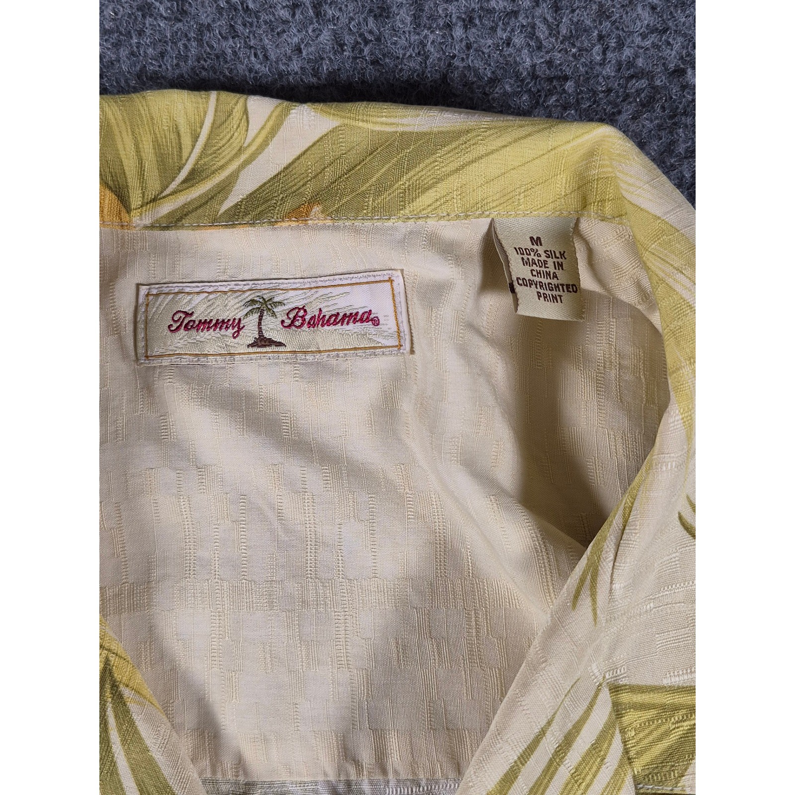Tommy Bahama Mens Medium Silk Tropical Floral Palm Leaf Camp Shirt Green Yellow