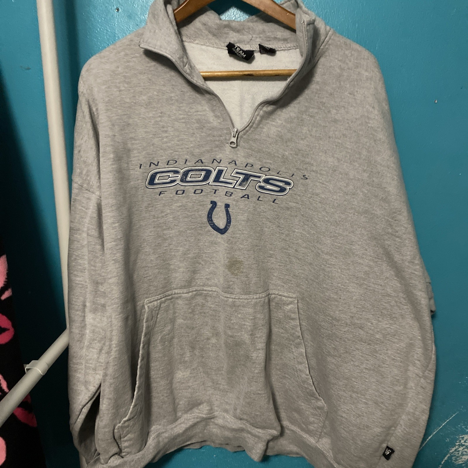 Indianapolis Colts 1/4 Zip Pullover. Design Has Some Fading And A Faint Stain