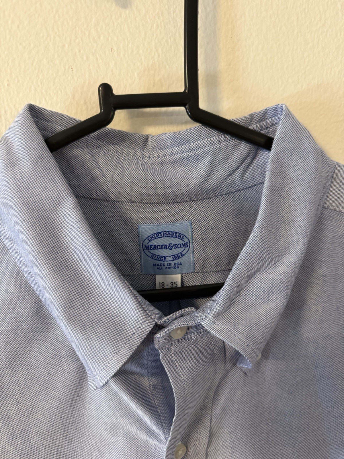 Mercer & Sons Blue Solid Cotton Oxford Button-Down Dress Shirt 18 35 Made in USA