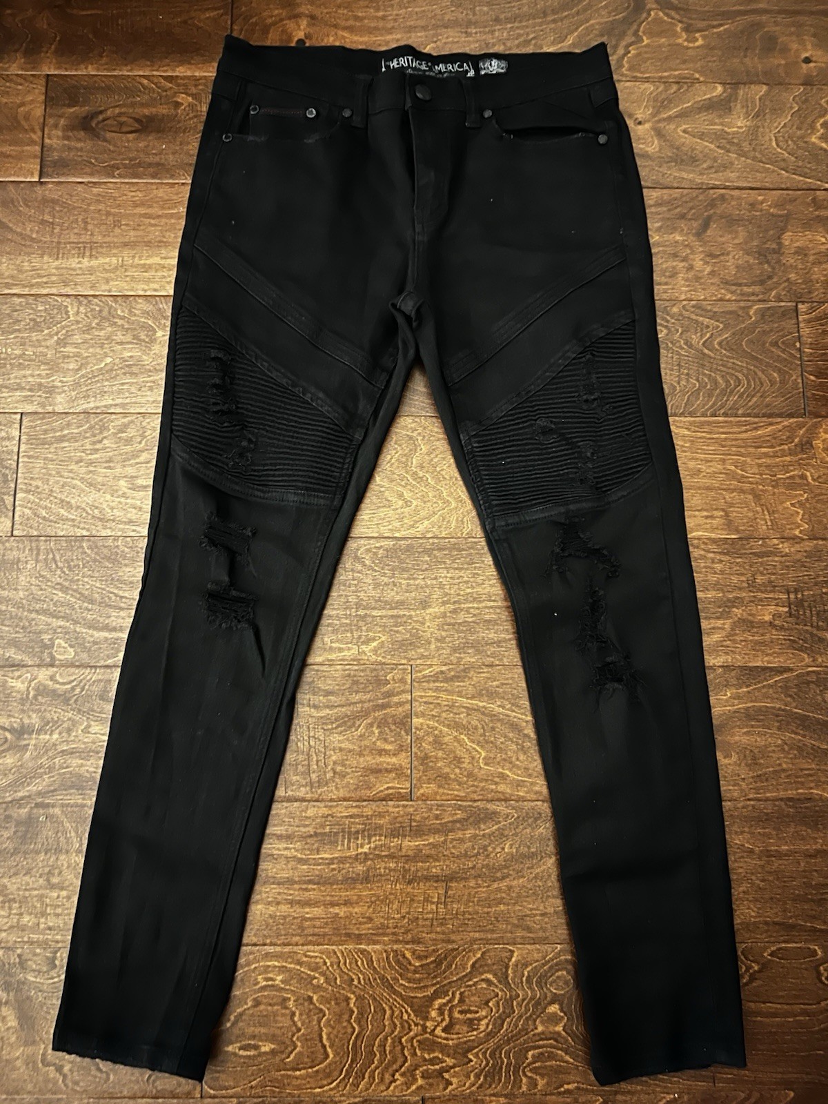 Heritage America Mens Black Moto Distressed Streetwear Jeans 36×32