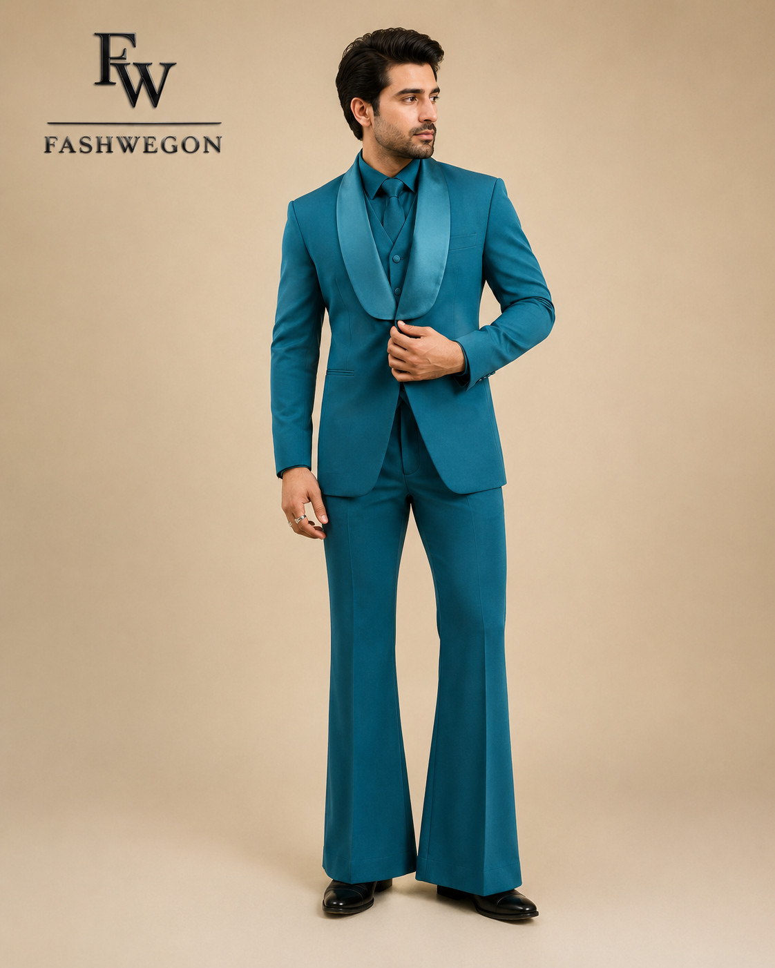 FASHWEGON Men’s Teal 3 Piece Suit Shawl Lapel Wedding Prom Formal Tuxedo Set