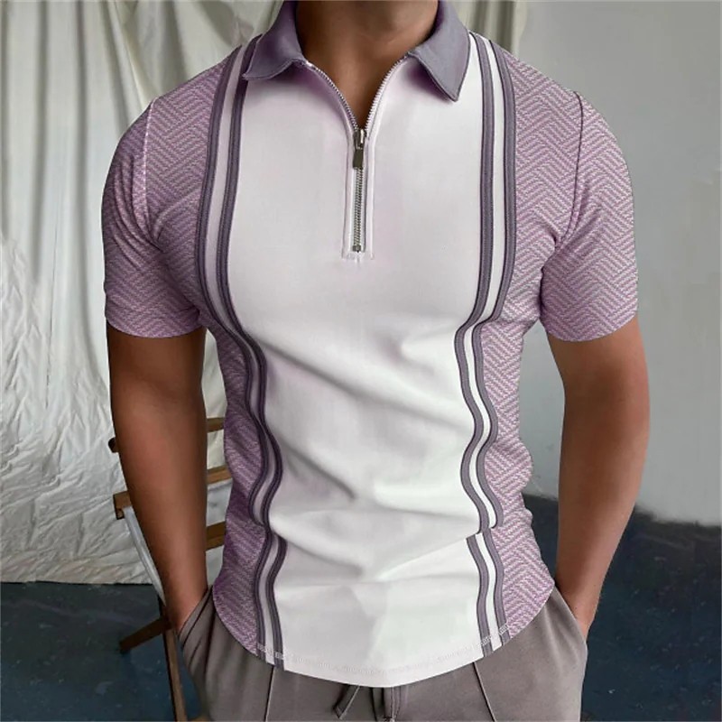 Men’s New Printed Color Matching Loose Casual Short Sleeve Zipper T-Shirt Tops