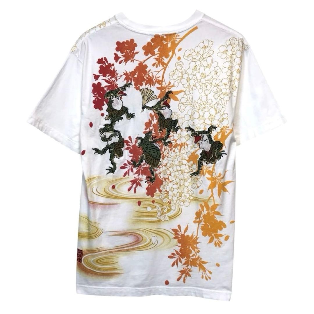 Karakuri Damashii White Cotton T-Shirt Frog Embroidery Size L