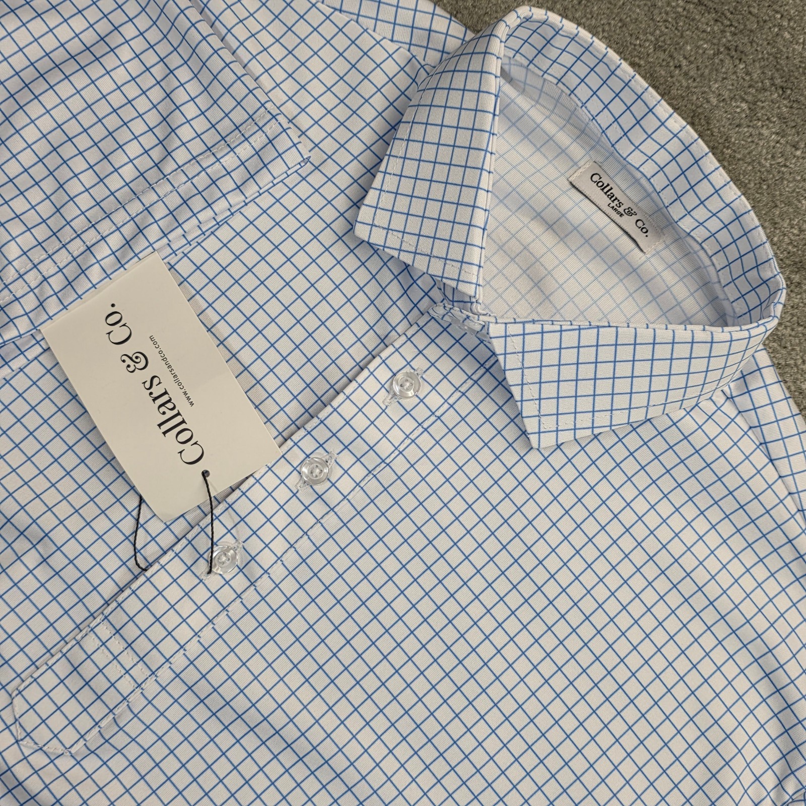 Collars and Co Men Dress Collar Stretch Polo Shirt Size L Thin Blue Check Office