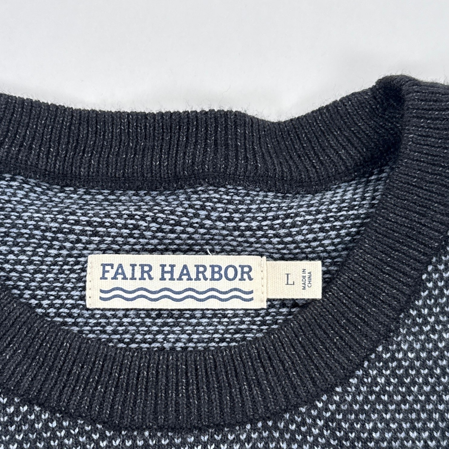 Fair Harbor Mens Sweater Large Navy Grey Micro Texture Crewneck Coastal