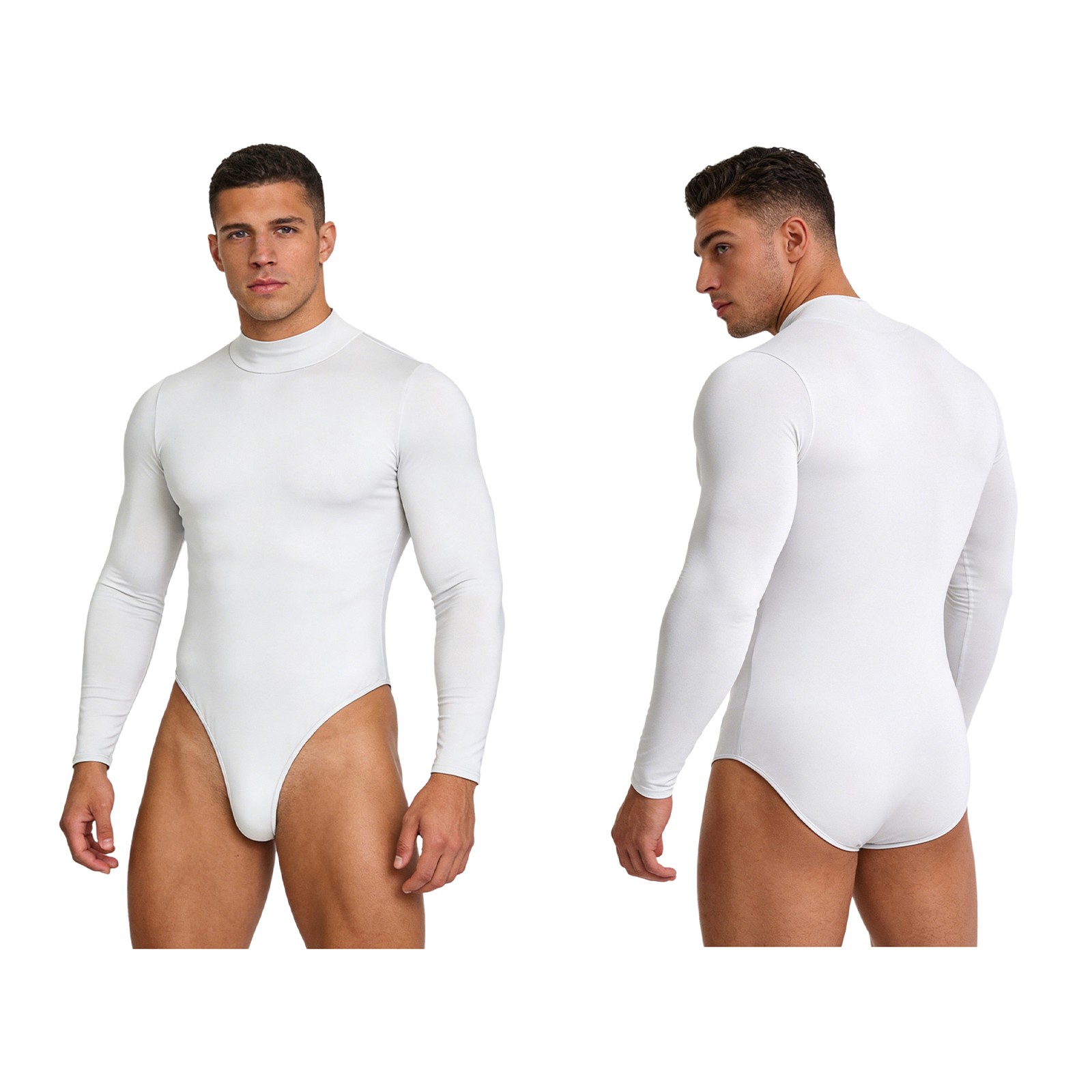 US Men Unitard Silky Bodysuit Tights One Piece Opaque Jumpsuit Long Sleeve Sissy