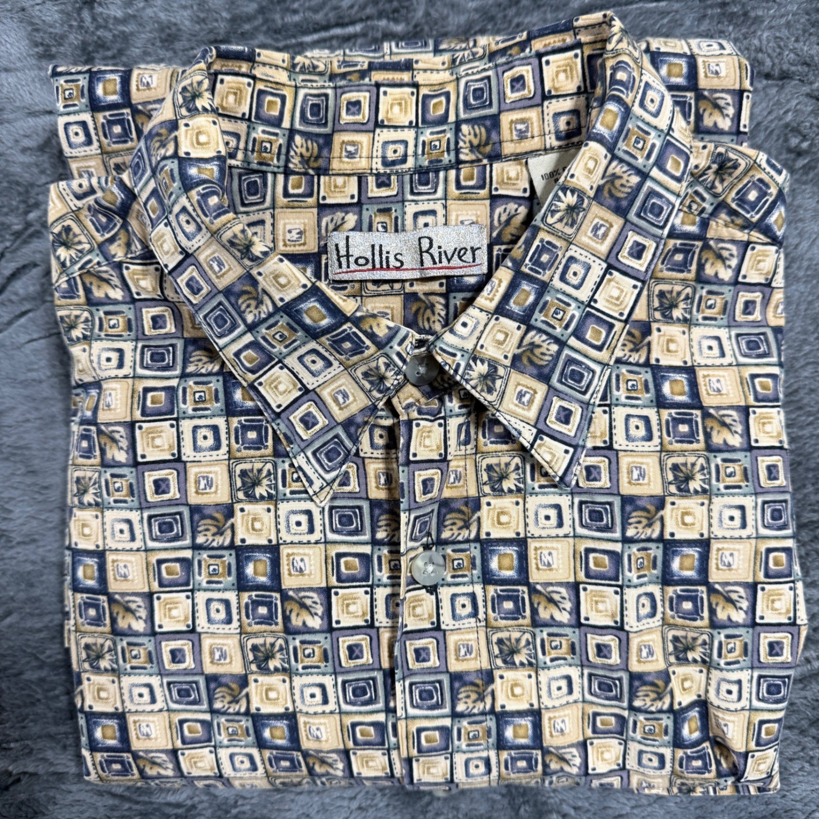 Hollis River Button Down Shirt Mens L Blue Tan Geometric Cotton Short Sleeve