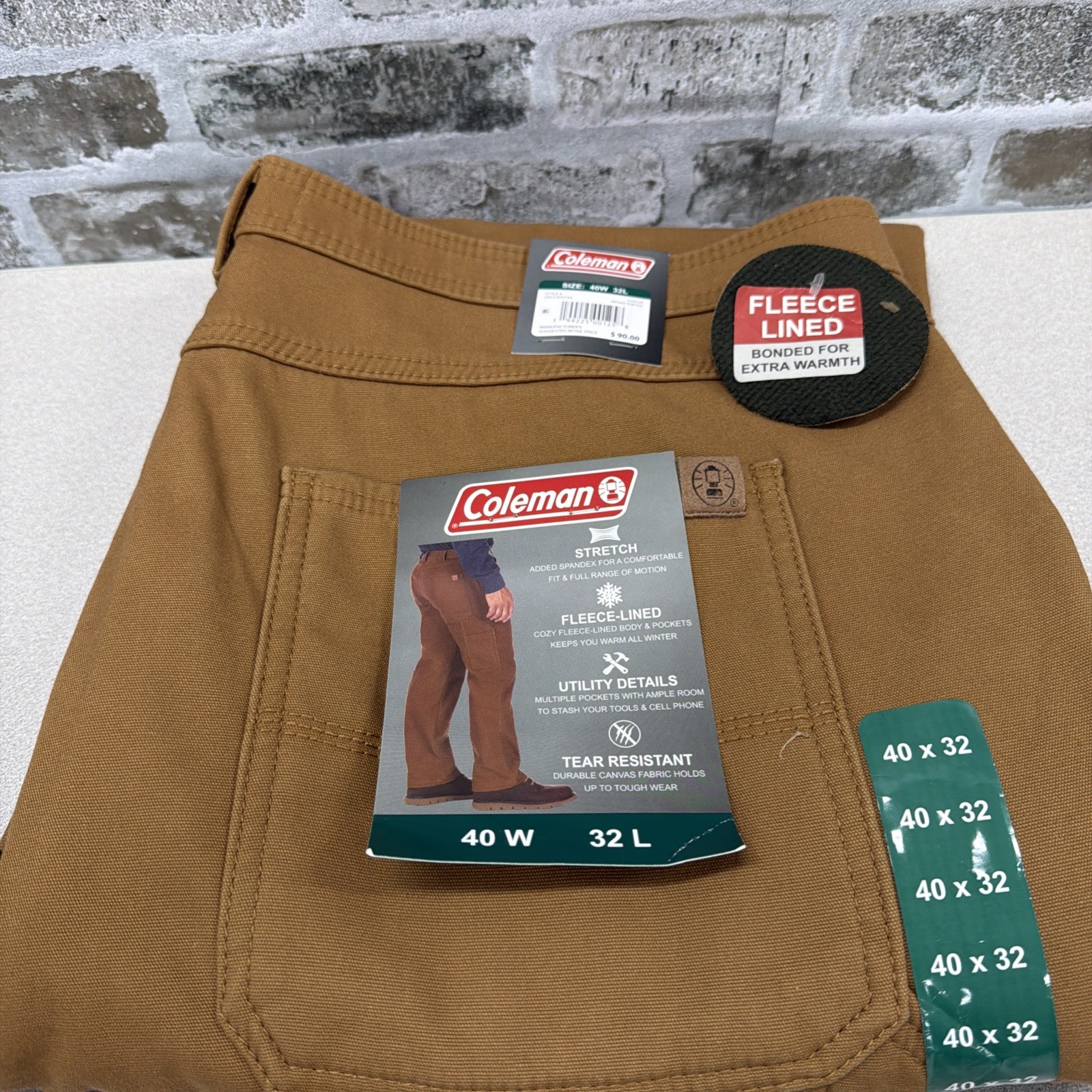 Coleman Men’s Extra Warm Durable Canvas Fleece Lined Utility Pant Toffee 40×32