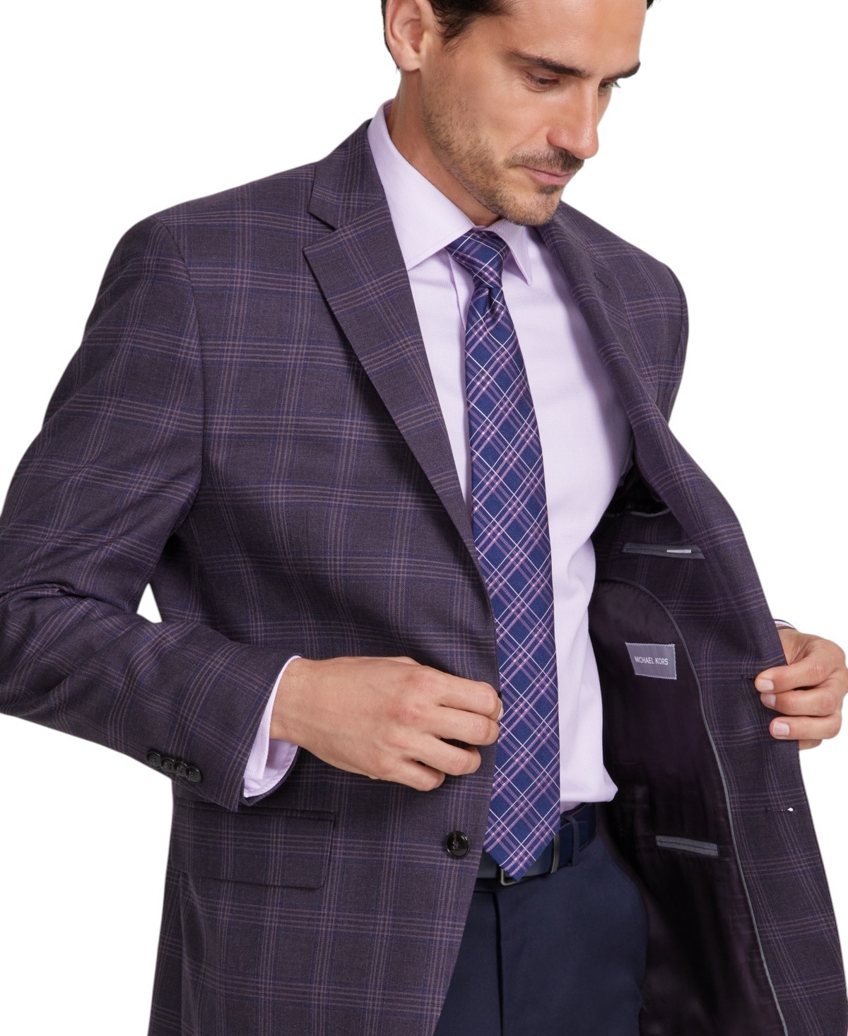 Michael Kors Men’s Classic-Fit Blazer Sport Coat 44 L Burgundy Plaid