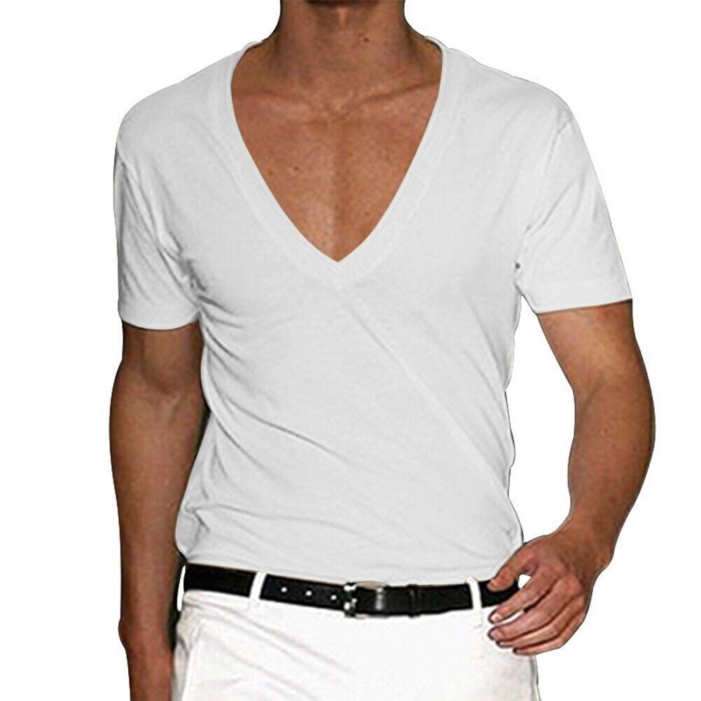 Hot Men’s Deep V-Neck Shirts Short Sleeves Low Cut T-Shirt Top Muscle T-Shirt