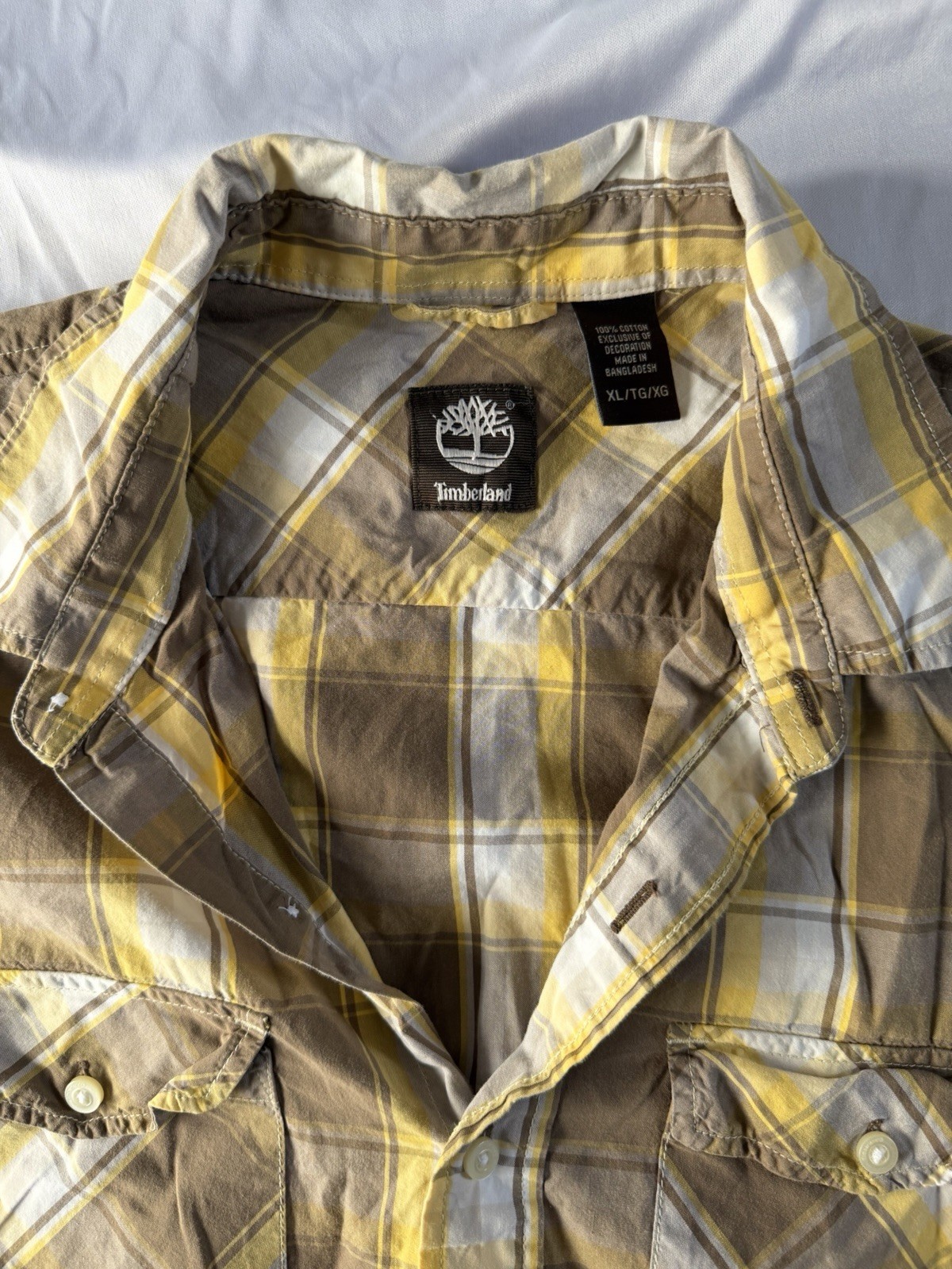 Timberland Button Up Shirt Mens XL Regular Brown Yellow Plaid Cotton Woven