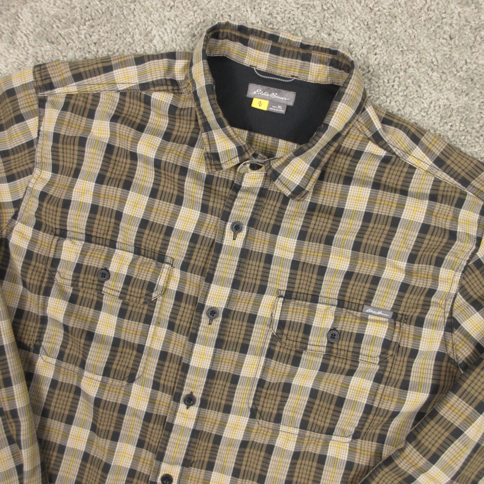 Eddie Bauer Shirt Mens XL Green Plaid Travex Performance Flannel Work Button Up