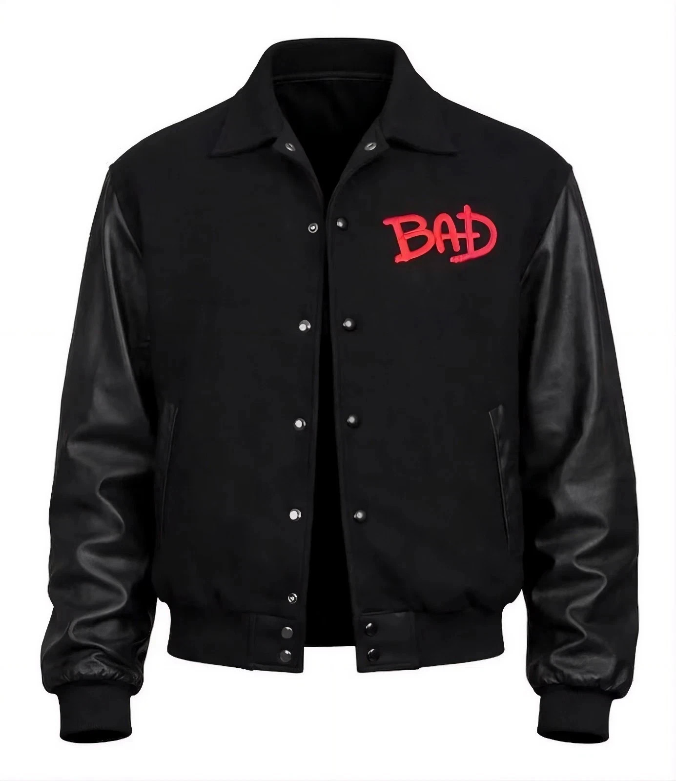 Michael Jackson Bad World Tour Varsity Jacket Black Wool Sheep Leather Bomber MJ