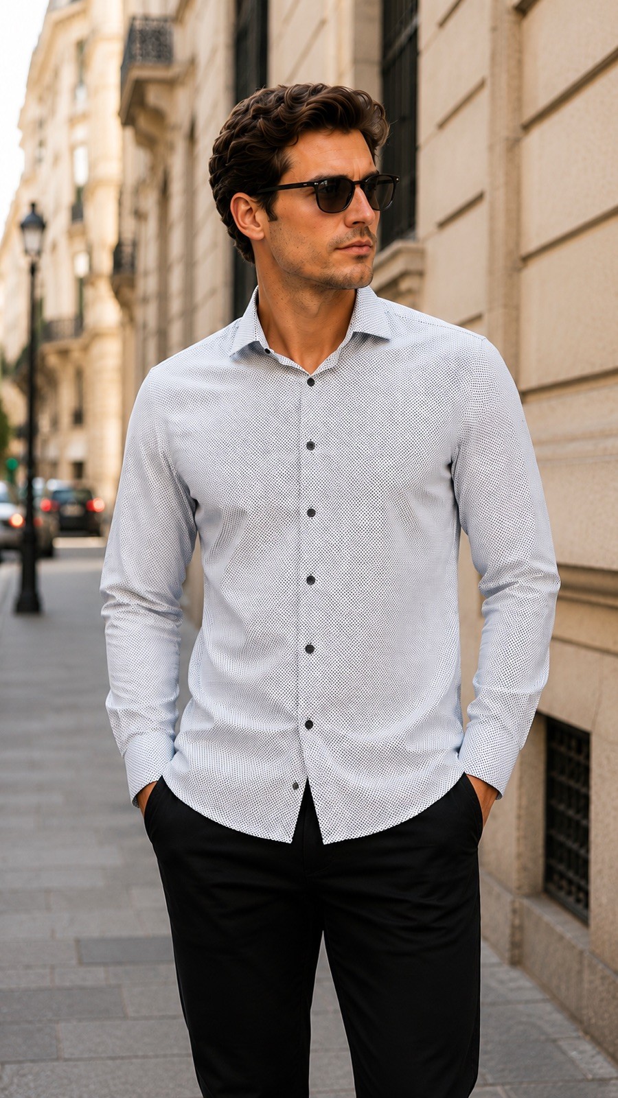 HUGO BOSS Men’s White Black Dot Print Dress Shirt Size L Slim Fit
