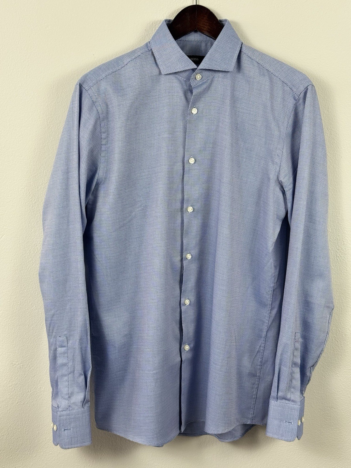 Hugo Boss Sharp Fit Dress Shirt 15.5 34/35 Blue Geometric Cotton Excellent