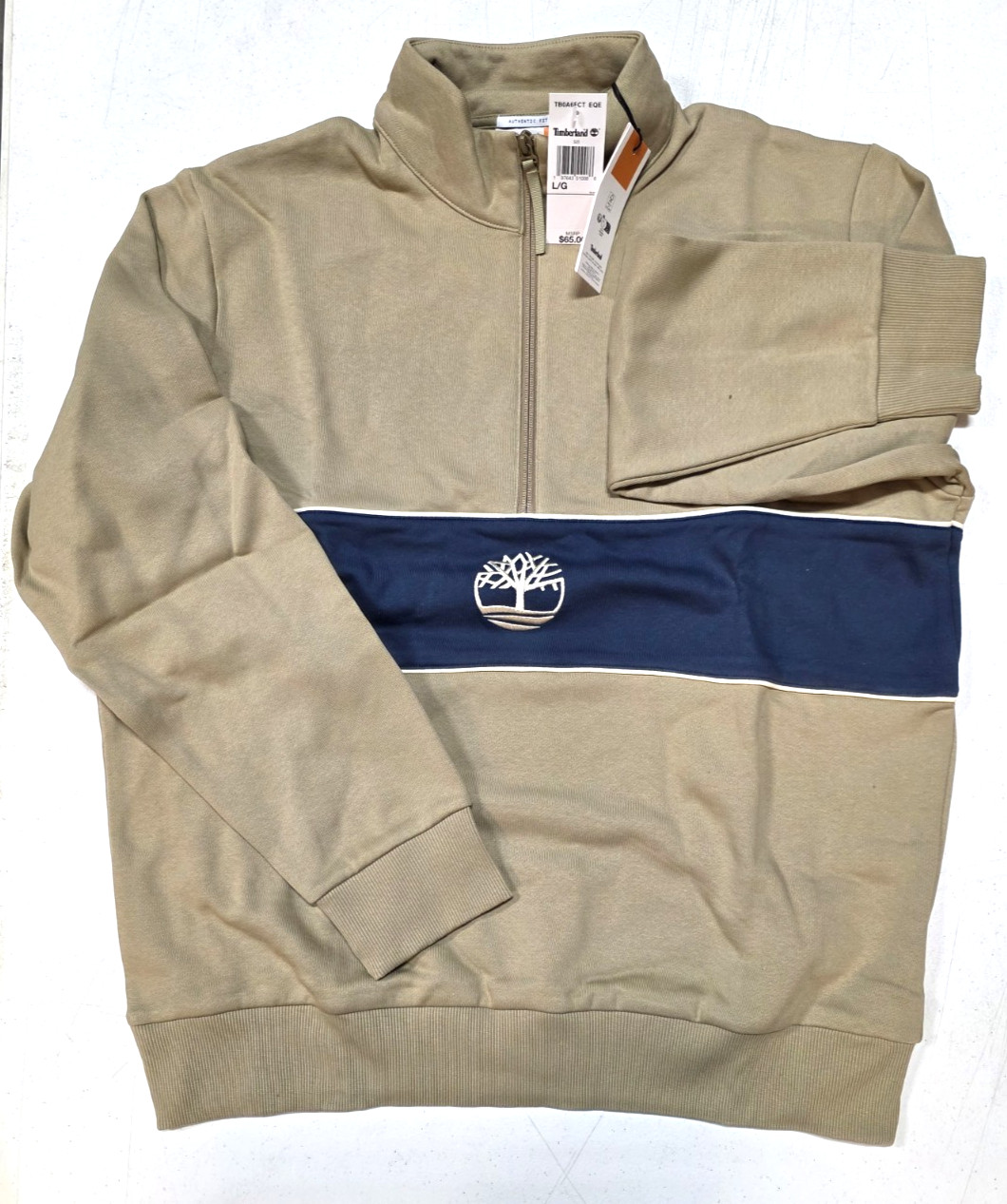 LARGE Mens Timberland Cut And Sew Sweatshirt Beige Half Zip NWT