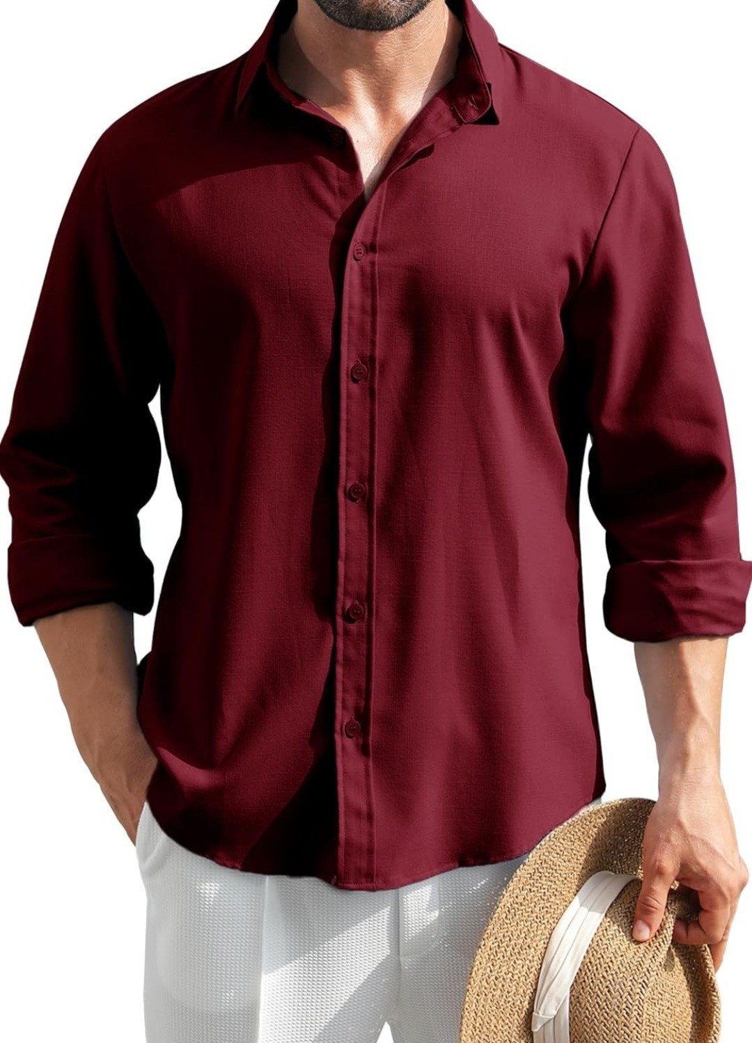 MAPICK Men’s Linen Shirt Long Sleeve Button Down/Casual/Beach/Wine Red Large