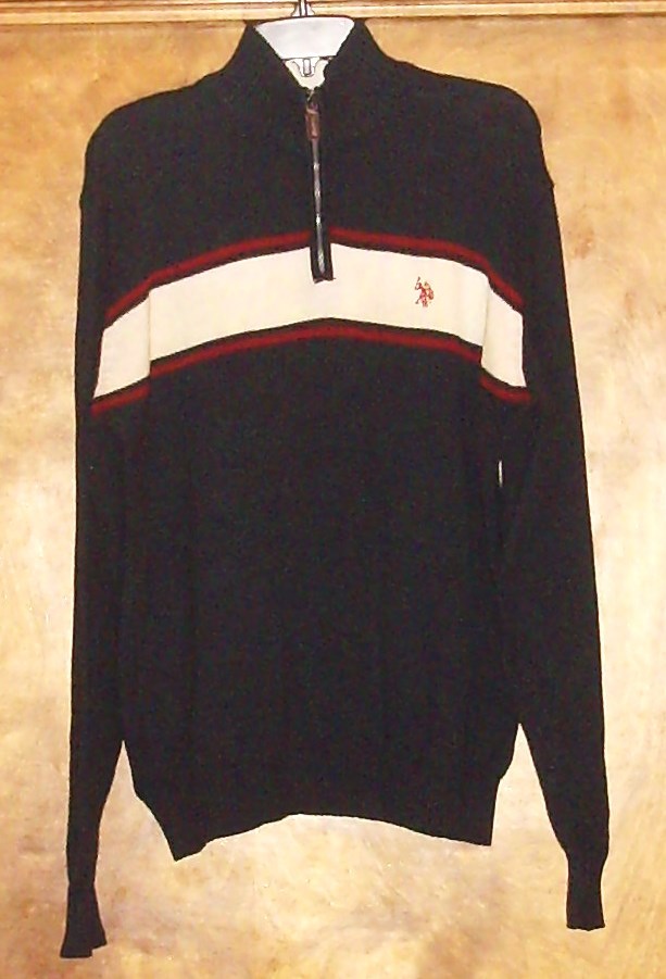 US Polo Assn Men’s LS Sweater Size-Large, 8″ Zipper, Dk Navy w/off-white & red