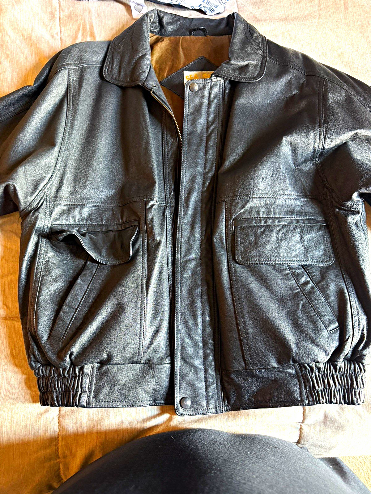 Sea Sky Men’s Black Leather Bomber Jacket Size S Zip Front Pockets Lined