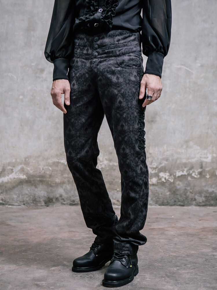 Victorian Pants Black Brocade Formal Tuxedo Groom Wedding Party Trousers Gothic