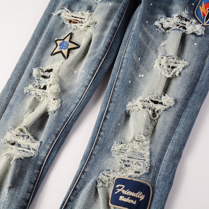 Men’s Vintage Distressed Stretch Denim Skinny Jeans with Patches and Studs