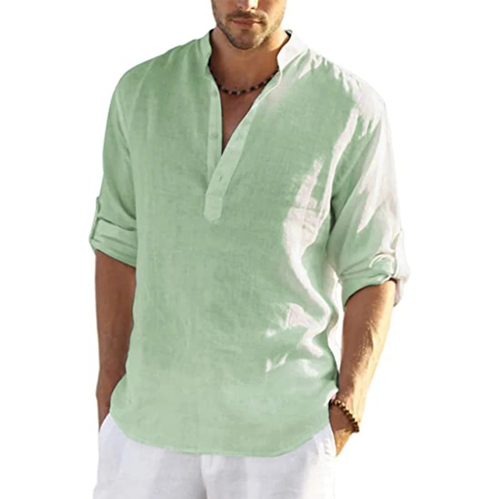 Men’s Cotton Linen Henley Long Sleeve Shirt Casual Beach T-shirt for Summer Gift