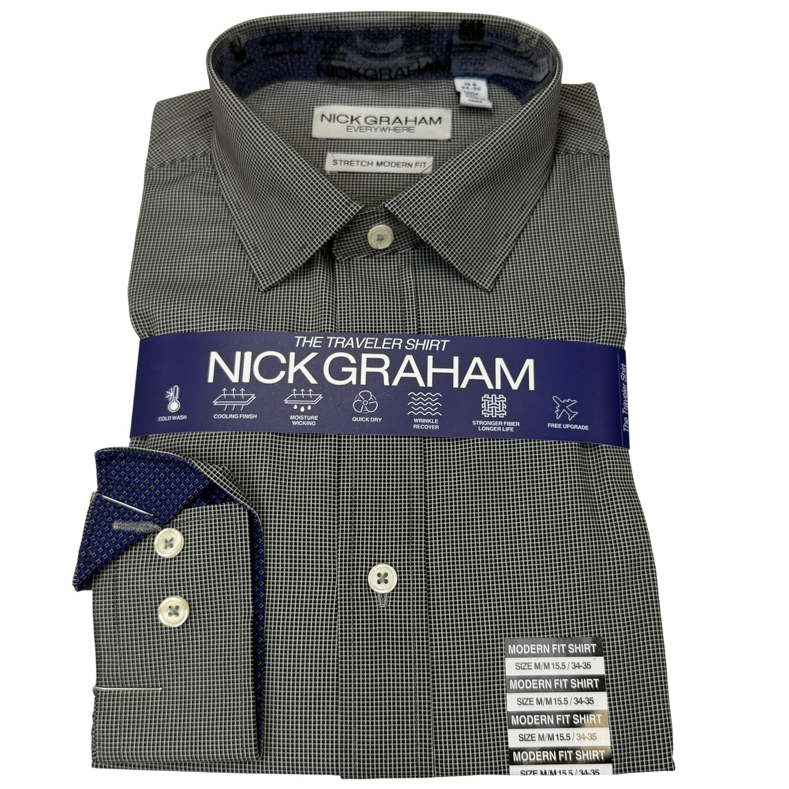 Nick Graham Dress Shirt Mens 15.5 34/35 Black Check Stretch Modern Fit Traveler