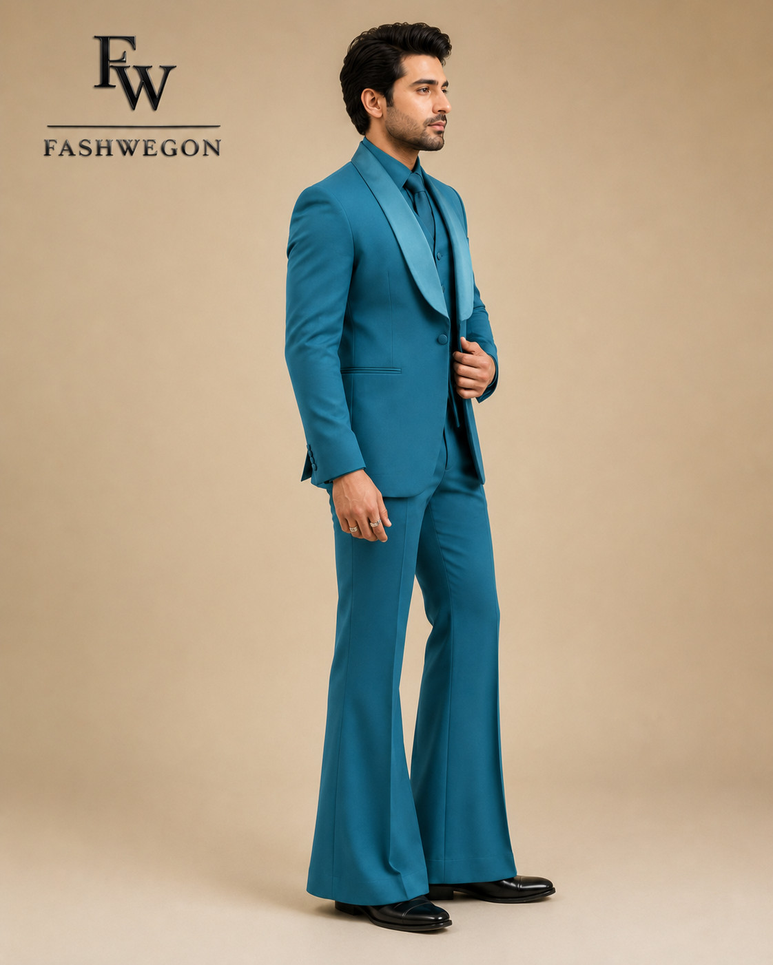 FASHWEGON Men’s Teal 3 Piece Suit Shawl Lapel Wedding Prom Formal Tuxedo Set
