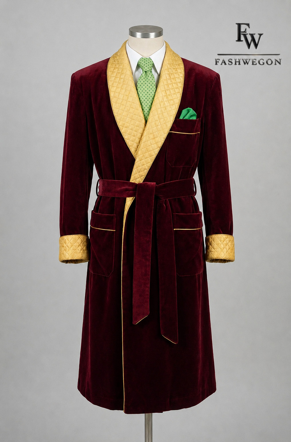 Men’s Luxury Velvet Smoking Jacket Robe Burgundy Gold Shawl Collar Bathrobe