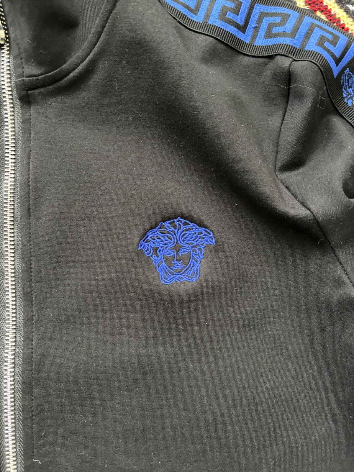 Versace Men’s Black/Blue Full Zip Track Jacket Medusa Logo Greek Key Trim L