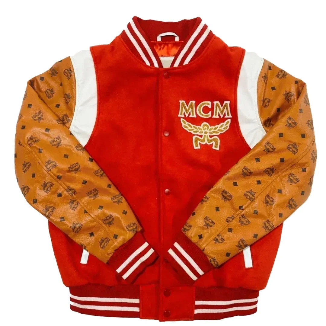 MCM Varsity Bomber Jacket Vintage Authentic Monogram Leather Sleeves