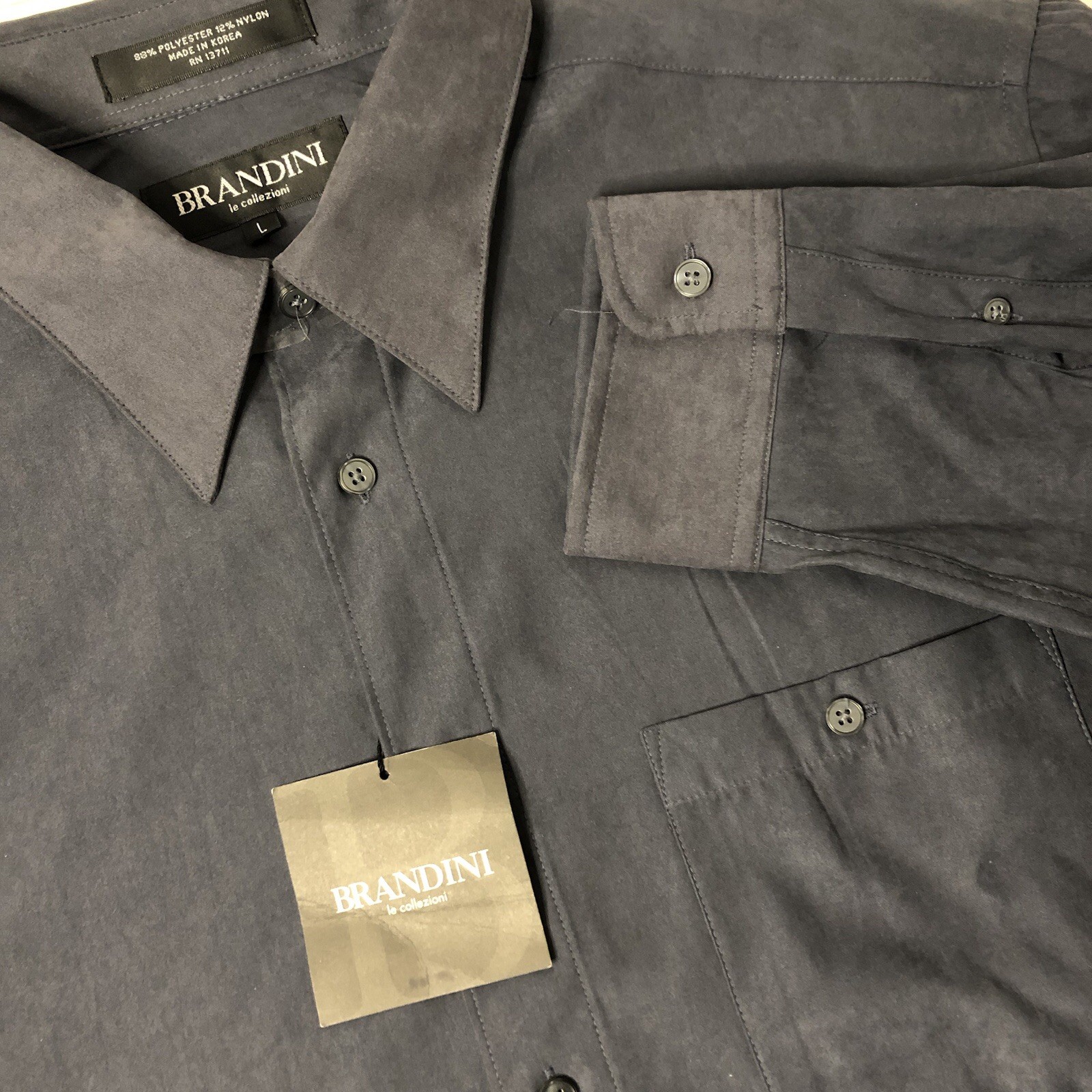 Brandini le Collezioni Men Large Gray Microfiber Button Up Long Sleeve Shirt NWT