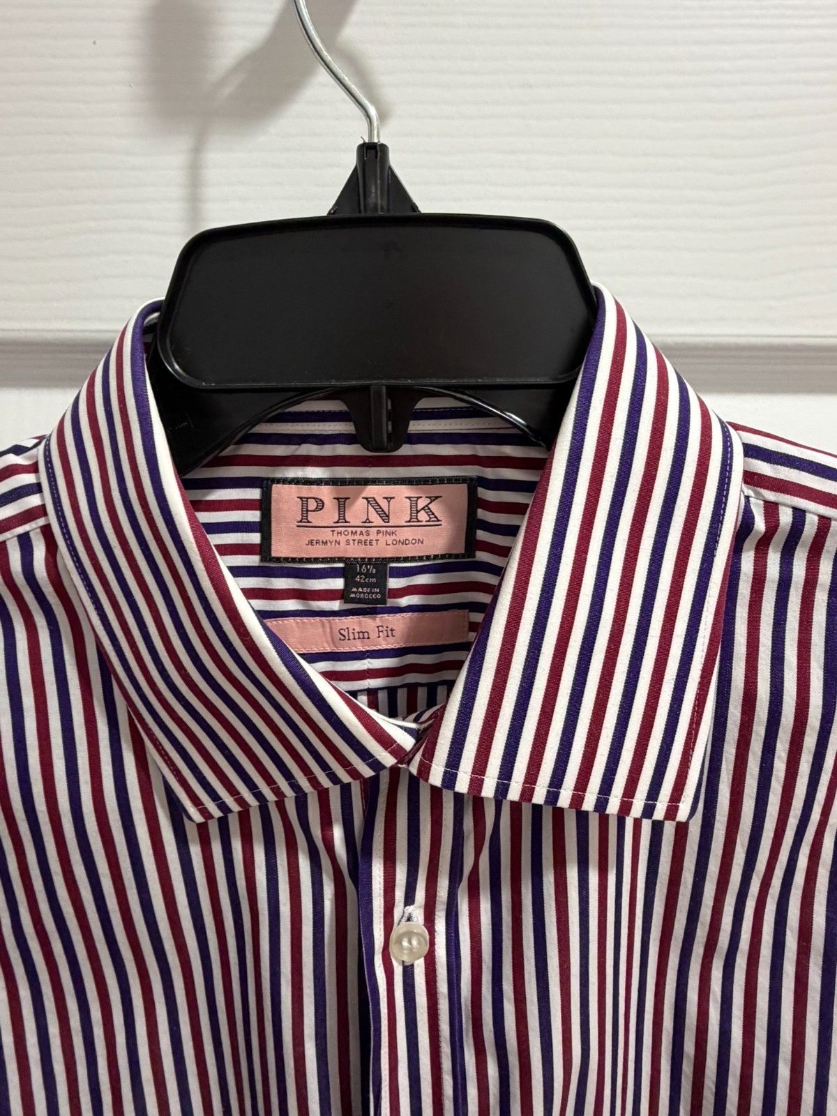 Thomas Pink Men’s Slim Fit Dress Shirt 16.5 42 Burgundy Purple Stripe London