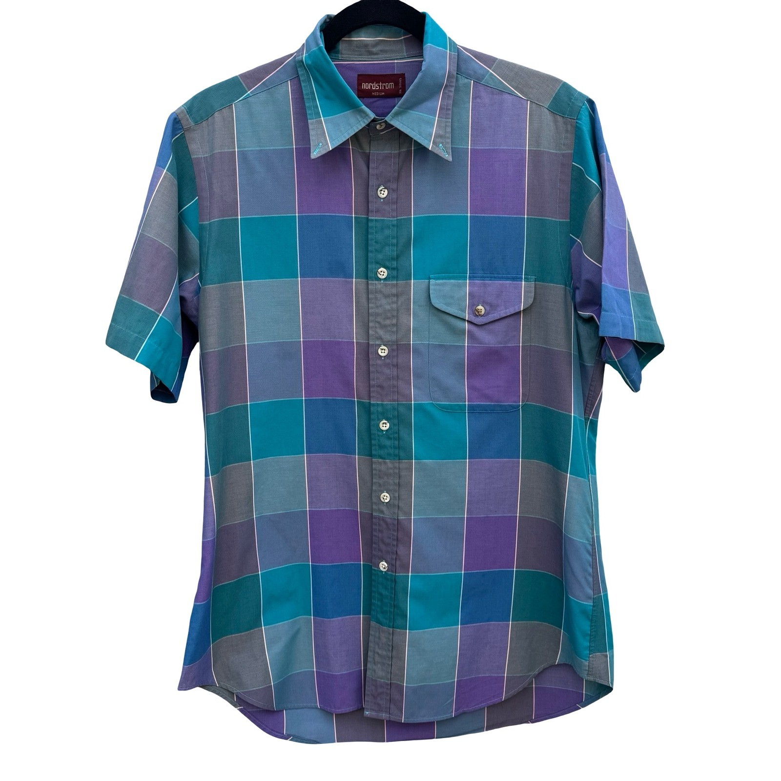 Nordstrom Vintage 90s Retro Madras Plaid Preppy Summer Shirt Purple Teal Mens M
