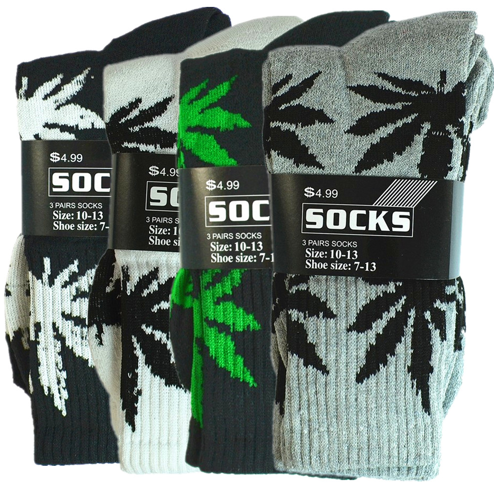 6 Pairs For Mens Sports Leaf Weed Marijuana Crew Cotton Long Socks Size 10-13
